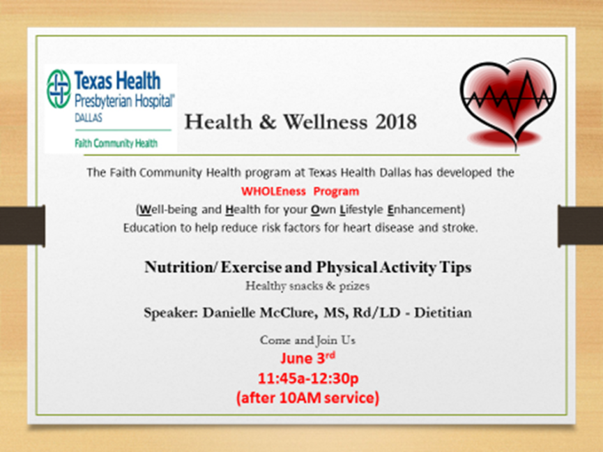 Texas Health Dallas WHOLEness Program June 3, 2018